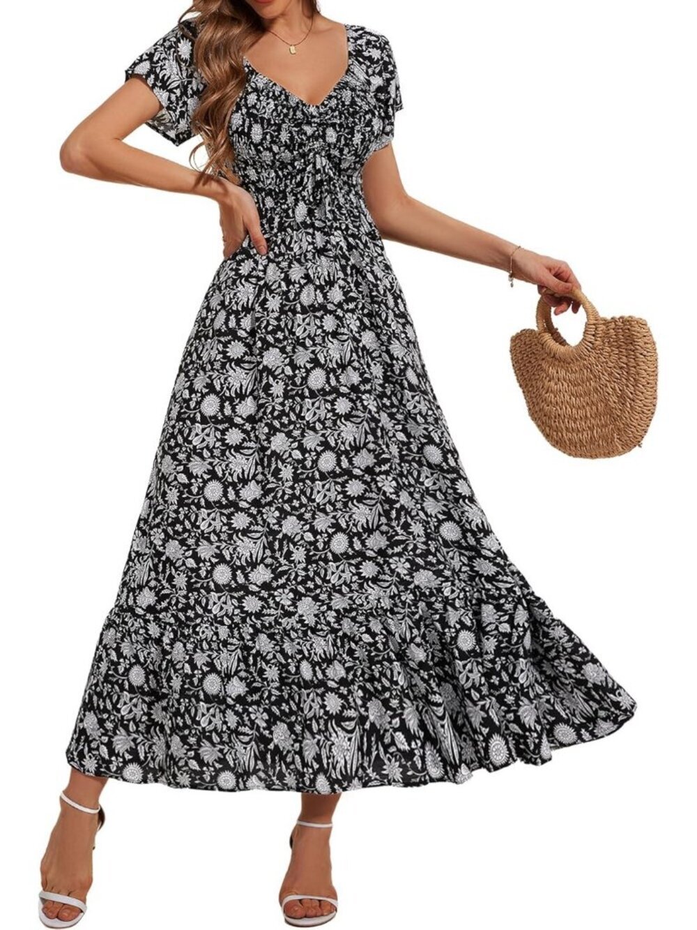 Women's Black White Floral Flowy Ruffled Beach Short Lightweight Maxi Dress